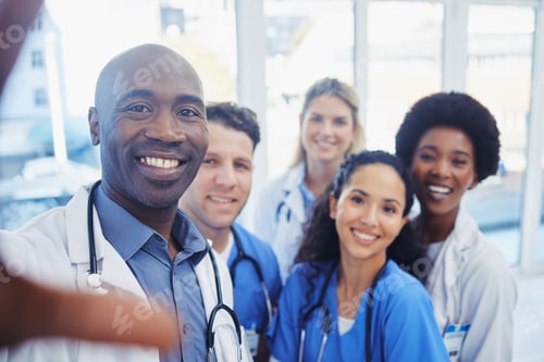Preview: Healthcare, portrait and selfie by doctors at hospital, happy and proud, smile and bond on blurred