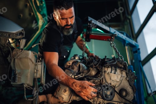 Preview: Mechanic adjusting components on the car engine with a wrench