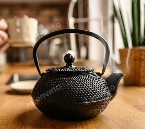 Preview: Black metal teapot with hot tea at the kitchen