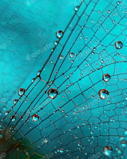 Preview: Background. Insect wing, dragonfly, macro, with dew drops on it , on a blue background