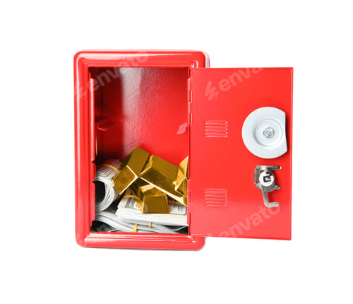 Preview: Open steel safe with money and gold bars isolated on white