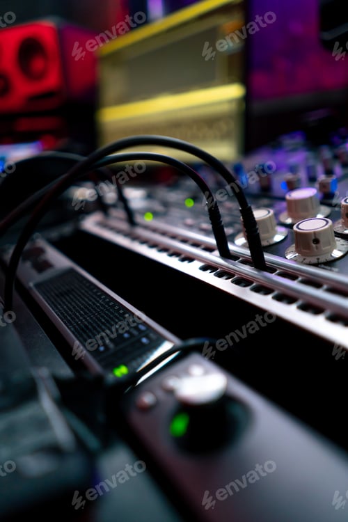 Preview: close up the recording room is dark with neon lighting pro-recording remote control for adjusting