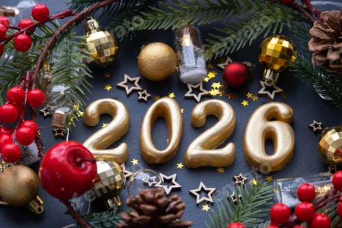 Visualização: As figuras douradas (20-26) feitas de velas em um fundo de ardósia de pedra preta são decoradas com um festi.