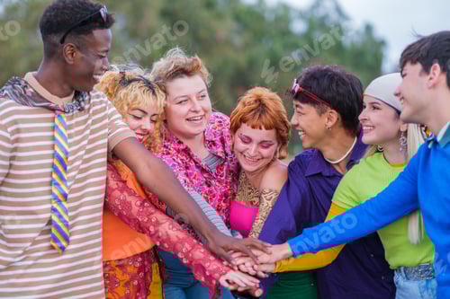 Preview: Group of lgtbi friends with vintage colored clothes
