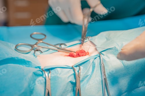 Preview: the veterinarian surgeon performs the animal operation on the operating table.