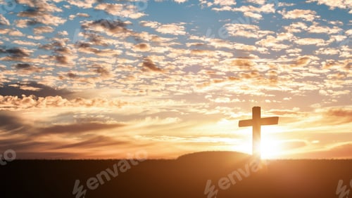 Preview: Silhouette of grave and christian cross at sunset sky background. Crucifixion Of Jesus Christ