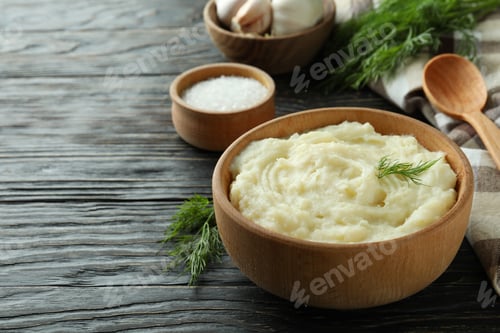 Preview: Concept of tasty eating with mashed potatoes on wooden table