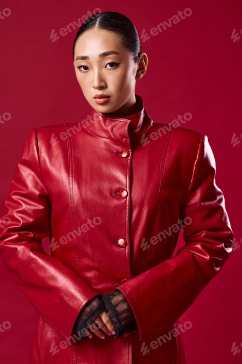 Preview: Asian woman in red leather jacket and gloves posing with hands on hips in front of red background