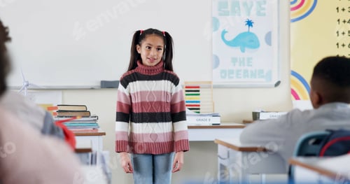 Preview: Classroom, child and presentation for learning, education or study in elementary school. Girl, spee