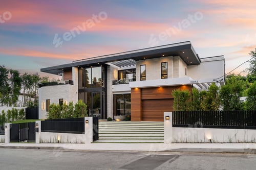 Preview: Modern luxury house exterior at sunset.