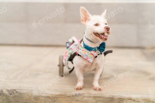 Preview: Happy Dog in Wheelchair Harness Smiling Outdoors
