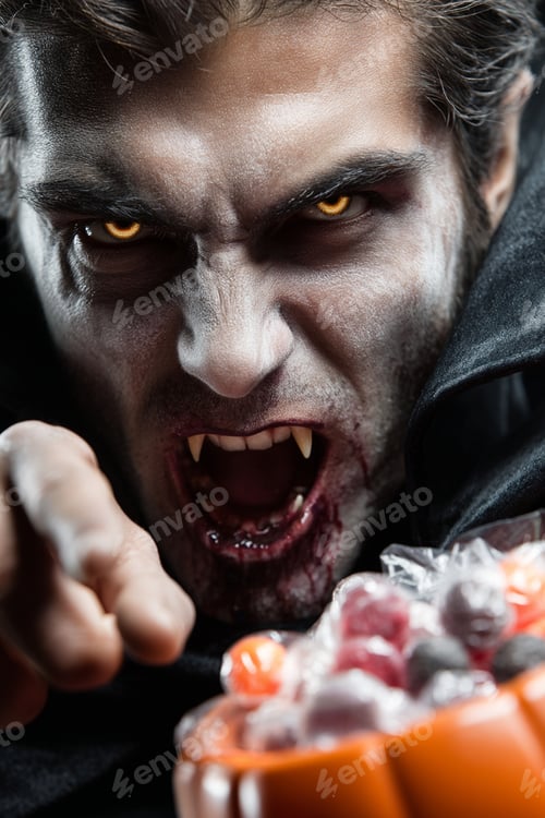 Preview: Dracula-Fearsome vampire with piercing gaze, bloody mouth, and pumpkin full of Halloween treats.