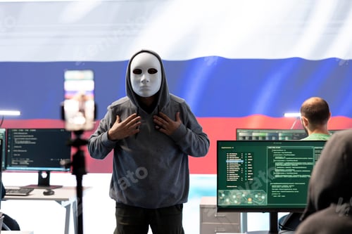 Preview: Anonymous hacker expert in a russian hacking high tech office