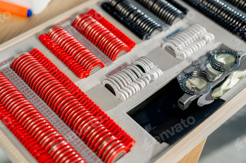 Preview: close up at the ophthalmology clinic professional box with red and black lenses selection of optics