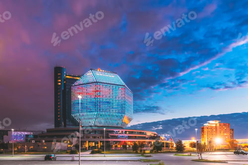 Preview: Minsk, Belarus. National Library In Summer Evening Sunset Time. Famous Landmark