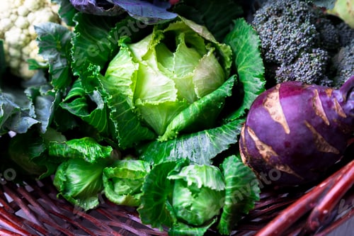 Preview: Various of Cabbage Broccoli Cauliflower. Assorted of Cabbages in Basket.