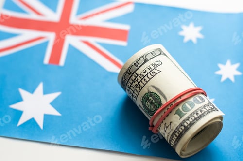Preview: Dollar Symbol with Banknots and Australia Flag Together - 3D illustration Fabric Texture