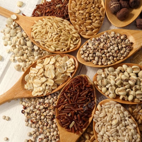 Preview: Cereals , Beans In The Spoons On White Wooden Table