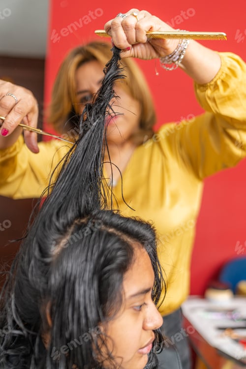 Preview: Hairdresser cutting hair of woman at home salon