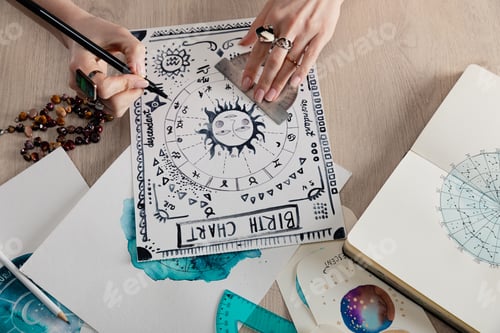 Preview: High angle view of watercolor paintings with zodiac signs on cards and astrologer drawing birth