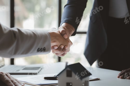Preview: The salesperson of the housing estate in the project and the customer shake hands.