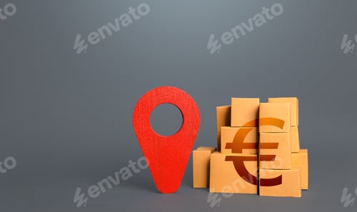 Preview: Cardboard boxes with euro and tracking symbol. Red pin geolocation.