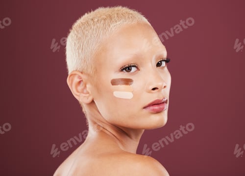Preview: Beauty, foundation and portrait of woman with makeup products, cosmetics and contour on studio back