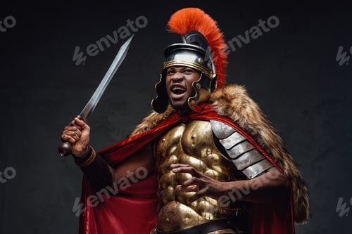 Preview: Screaming roman soldier with fur and sword