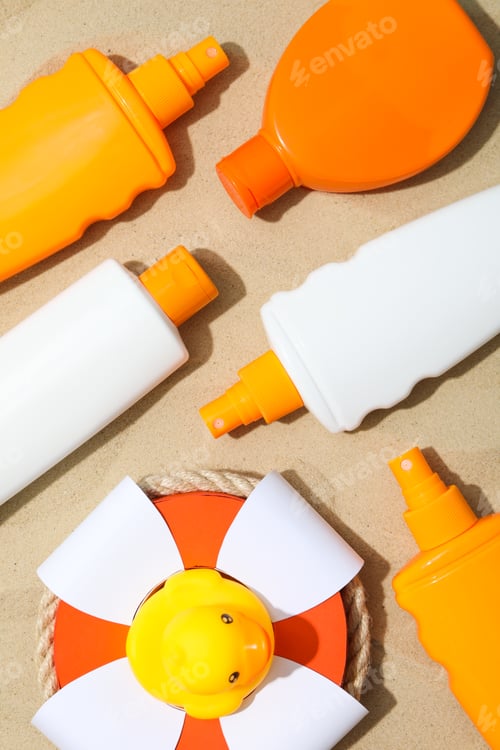 Preview: Concept of summer skin care accessories, top view