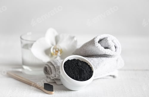 Preview: Composition with toothbrush and teeth whitening powder copy space.