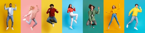 Preview: Collage with positive multiracial young people jumping on colorful studio backgrounds