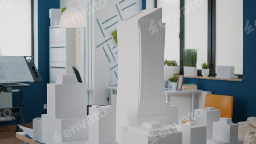Preview: Close up of building model and maquette design on table to create urban structure