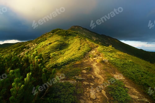 Preview: Mystic wilderness nature landscape. Hard stone road up. Way to the top of the mountain.