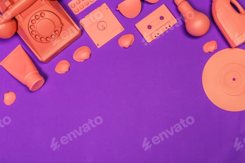 Preview: Colorful arrangement of vintage objects on a purple background showcasing creativity