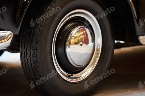 Preview: Vintage wheel with protector of retro car, closeup