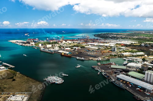 Preview: Aerial view of the port on the waterfront of PORT LOUIS, Mauritius, Africa