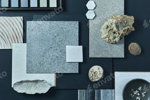 Preview: Flat lay composition of creative black architect moodboard