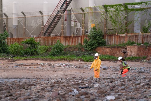 Preview: environmental researchers walk back from shoreline testing. They carry safety