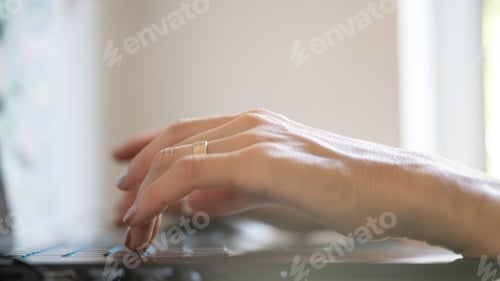 Preview: Low angle closeup view of female hands using laptop computer