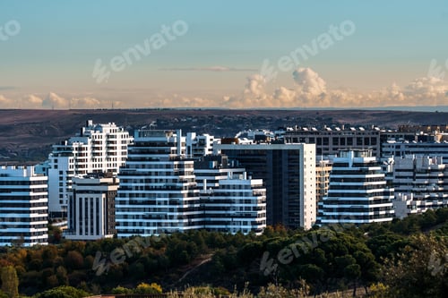 Preview: Cityscape of modern residential area with residential apartment buildings in Madrid