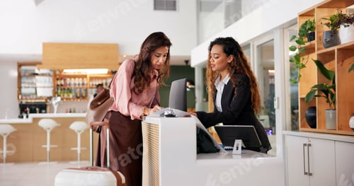 Preview: Hotel, receptionist and woman with paperwork at desk for booking, guest room service and reservatio