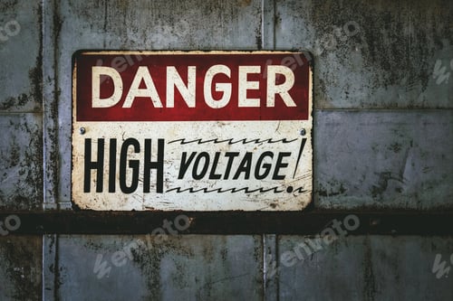 Preview: Closeup of a sign with "DANGER HIGH VOLTAGE" on a grungy rusty metallic background