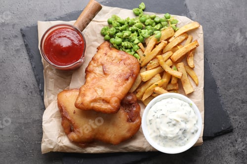 Preview: Tasty fish, chips, sauces and peas on grey table, top view