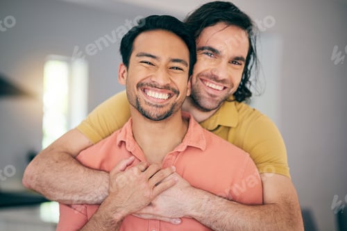 Preview: Smile, portrait and gay couple hug, happy and sweet in their home with freedom on the weekend toget
