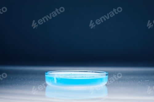 Preview: Transparent Petri Dish with Blue Liquid on Light Table in Laboratory