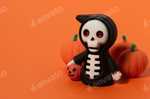 Preview: Halloween skeleton in a cloak with pumpkins on orange background.