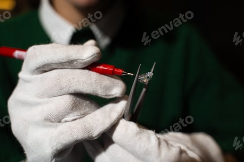 Preview: Gemologist marking diamond using red pen while holding it in tweezers.