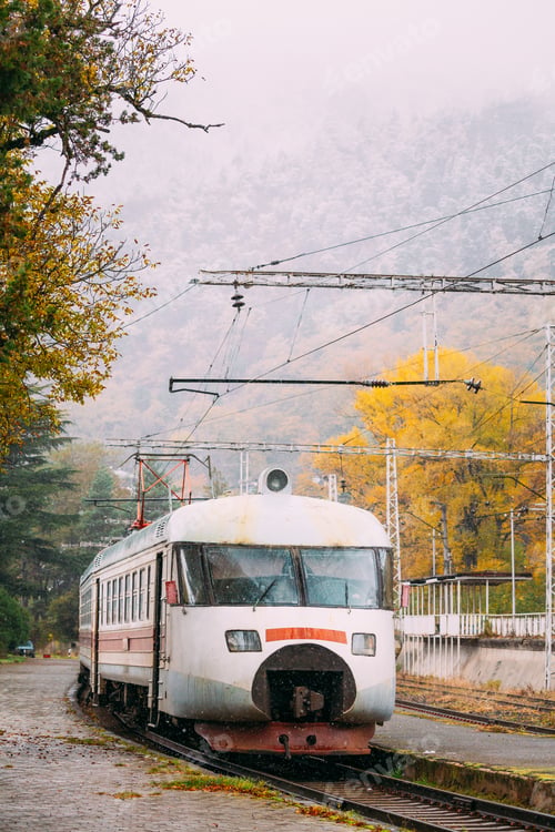 Preview: Borjomi, Samtskhe-Javakheti, Georgia. Suburban Electric Train Near Borjomi Railway Station In Autumn