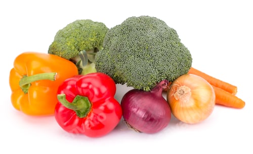 Preview: Fresh vegetables: brocolli, bell peppers, carrot, onion isolated on white background