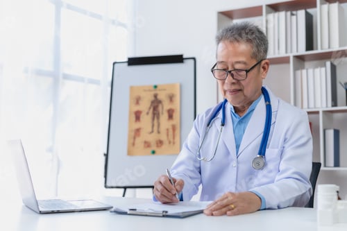 Preview: A doctor is writing on a clipboard in a medical office